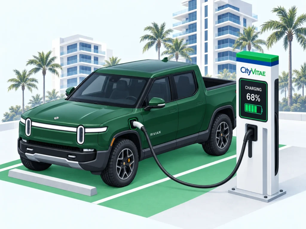 Illustration of a Rivian charging at a Cityvitae station