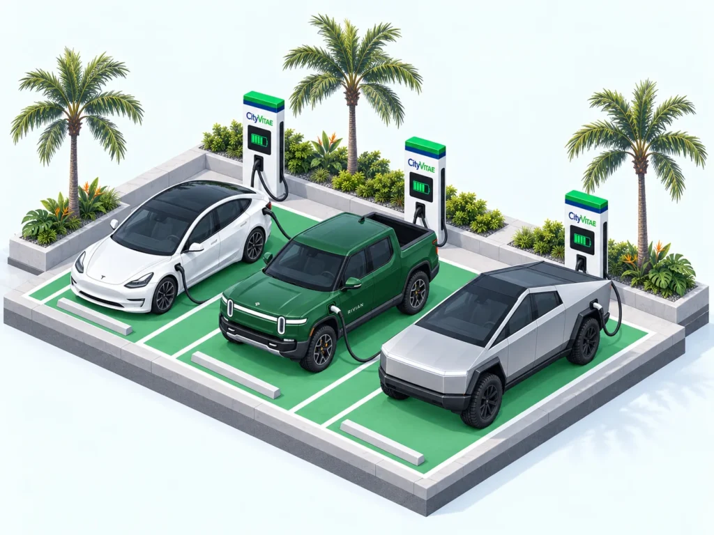Illustration of three electric vehicles at a charging location