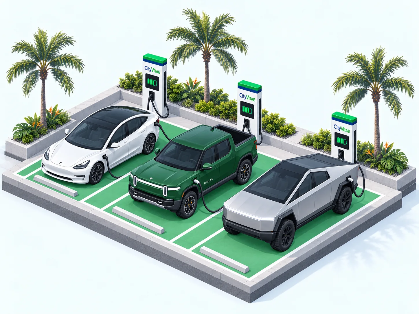 Illustration of three electric vehicles at a charging location